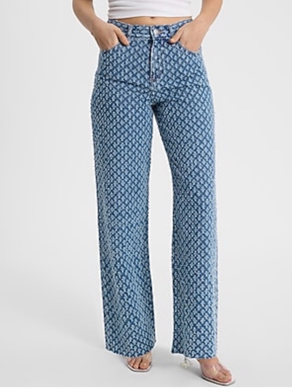 Express Blue Patterned Wide-Leg Jeans